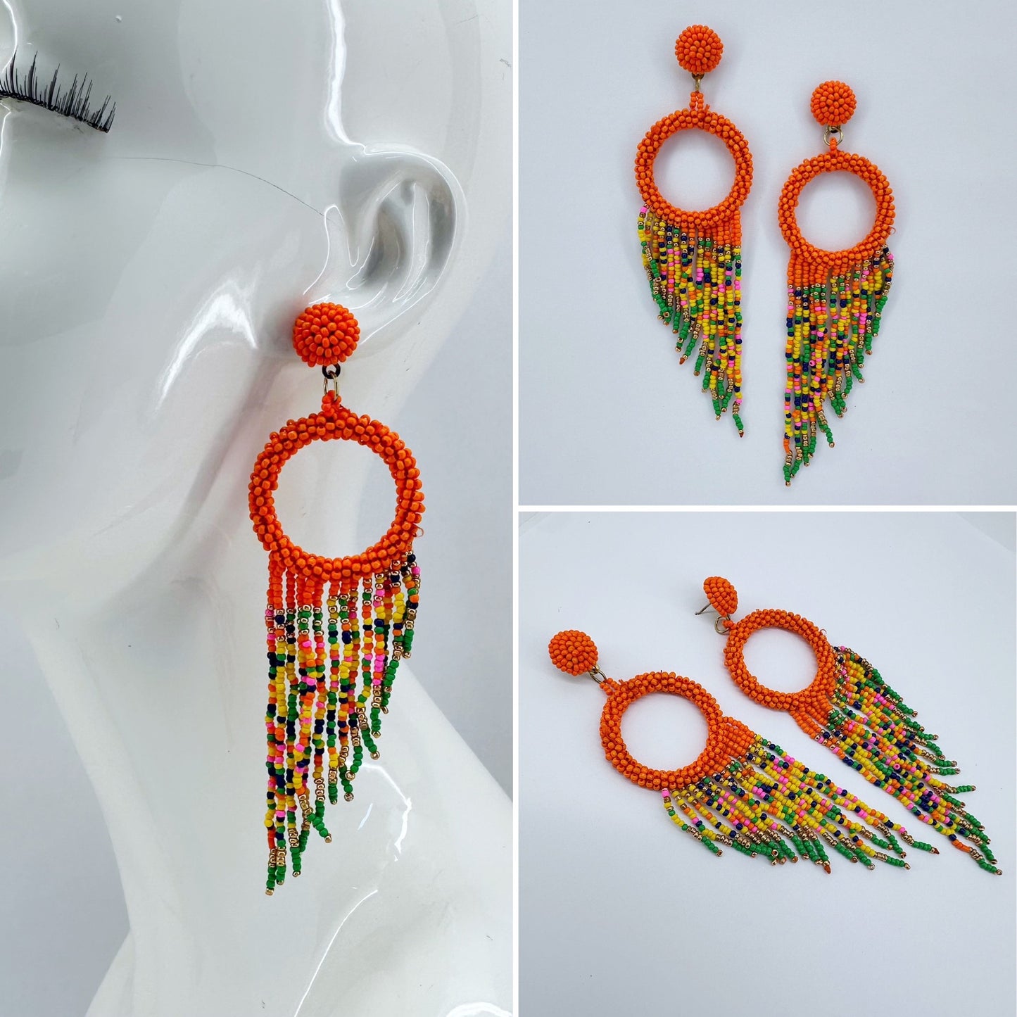 Orange Multicolor Beaded Drop Dangle Earrings