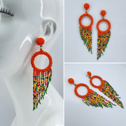 Orange Multicolor Beaded Drop Dangle Earrings