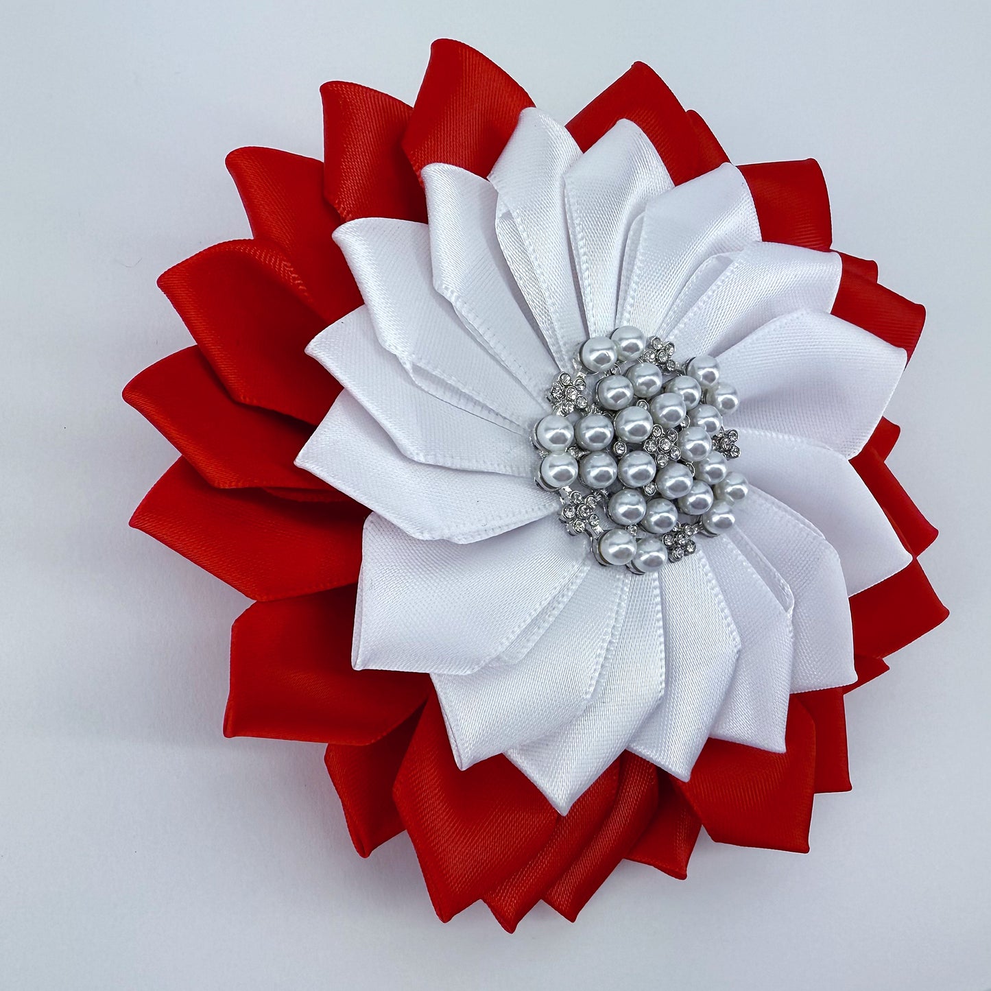 Large Red And White Ribbon Flower With Pearls And Rhinestone Brooch