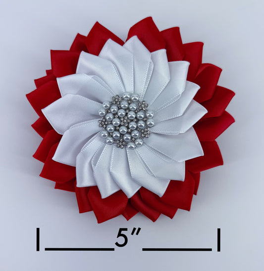Large Red And White Ribbon Flower With Pearls And Rhinestone Brooch