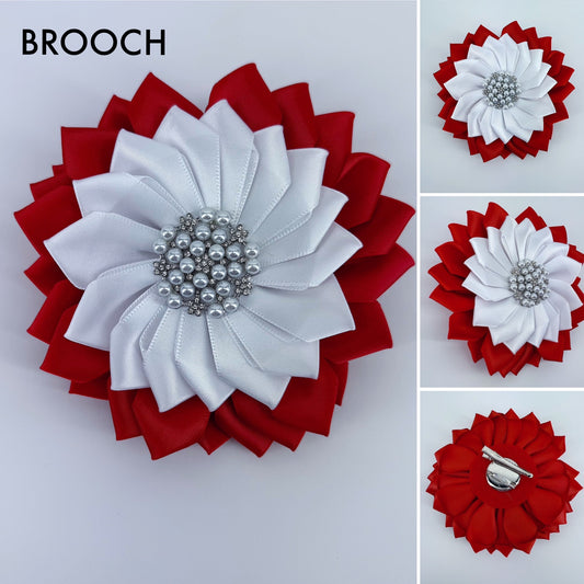 Large Red And White Ribbon Flower With Pearls And Rhinestone Brooch