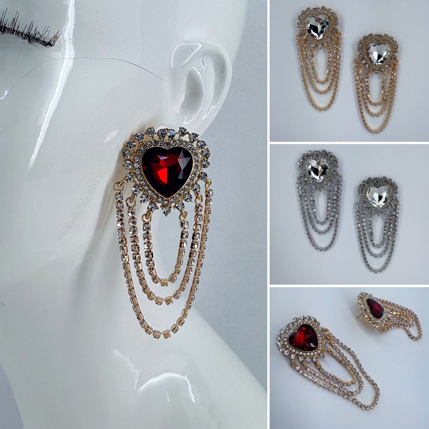 Post Back Heart Design Earrings With Rhinestone Tassels