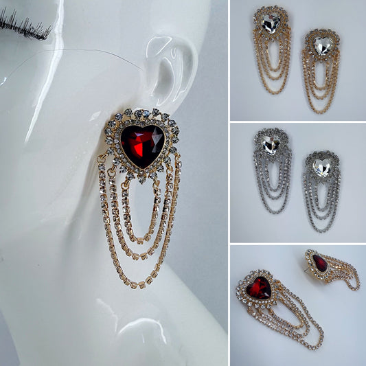Post Back Heart Design Earrings With Rhinestone Tassels