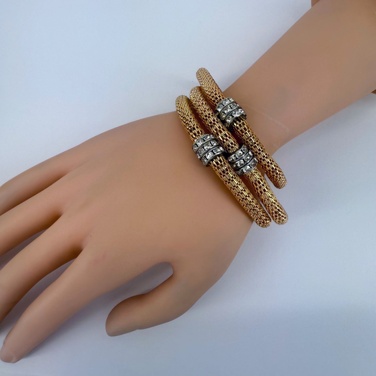 Rondelle Chainmail Bracelet in gold or silver finish With Rhinestone