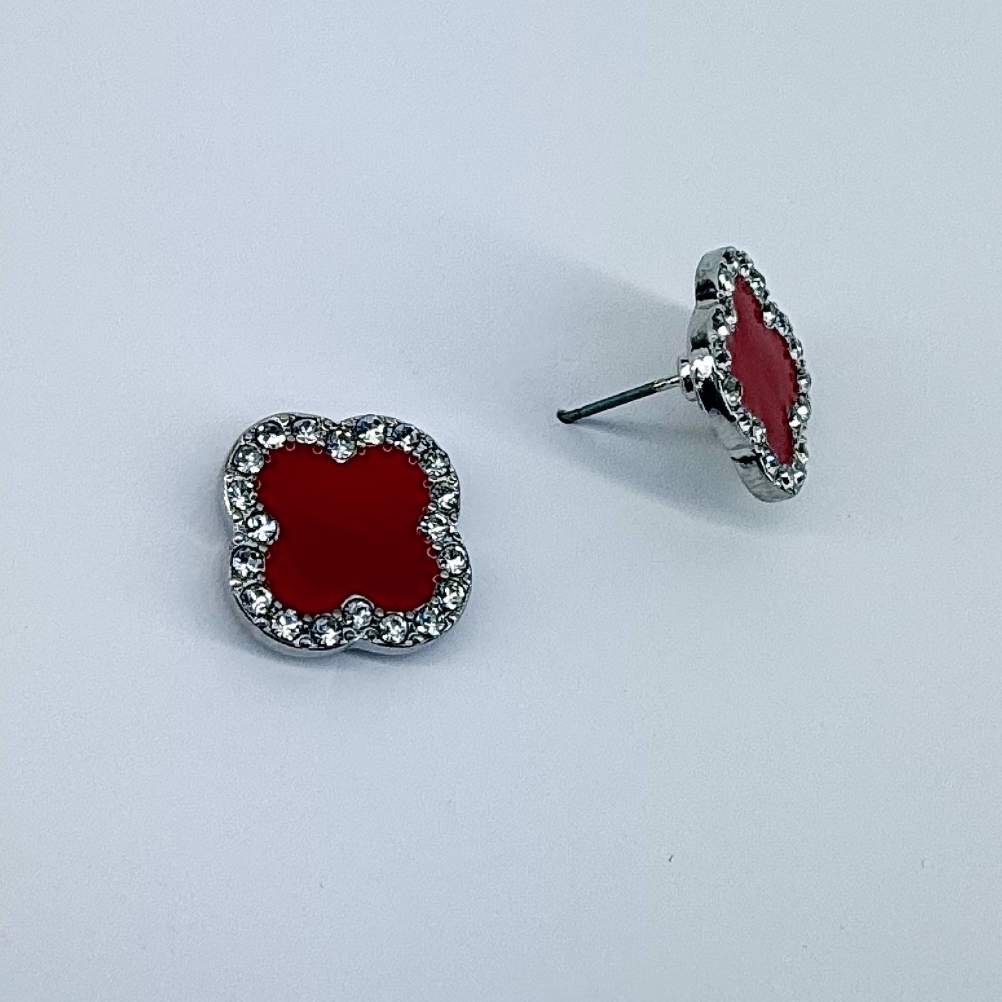 Post Back Clover Rhinestone Outline Earrings With Color Epoxy