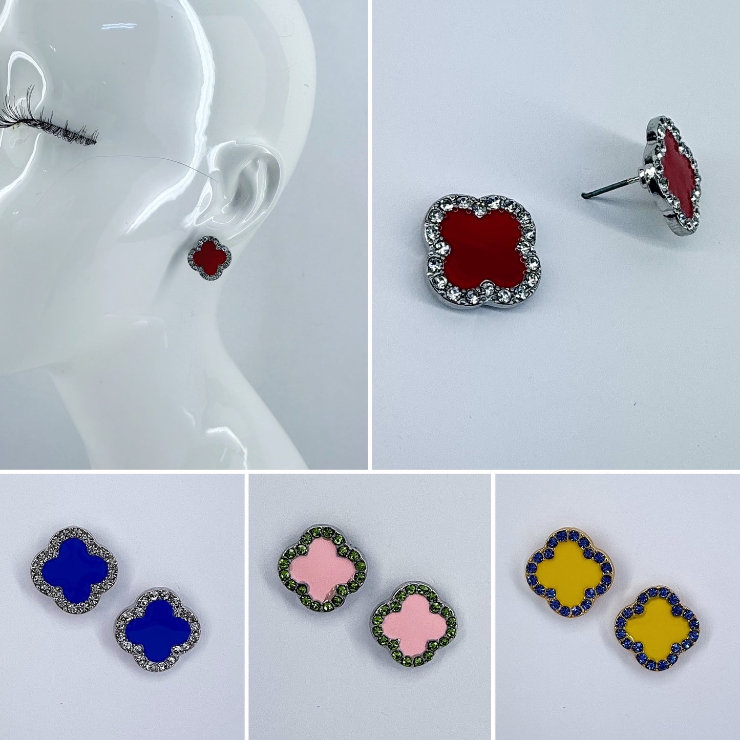 Post Back Clover Rhinestone Outline Earrings With Color Epoxy