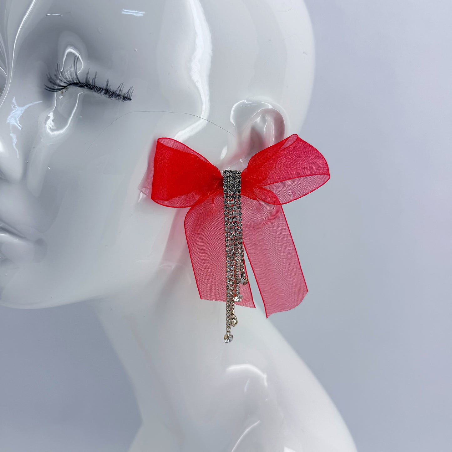 Ribbon Fabric Bow Tie Post Back Earring With Rhinestone Tassel