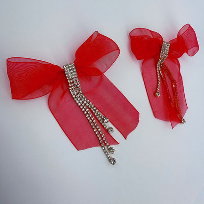Ribbon Fabric Bow Tie Post Back Earring With Rhinestone Tassel