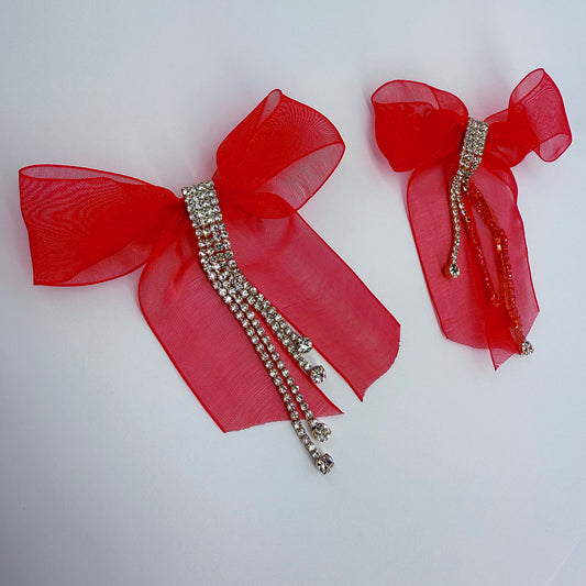 Ribbon Fabric Bow Tie Post Back Earring With Rhinestone Tassel