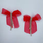 Ribbon Fabric Bow Tie Post Back Earring With Rhinestone Tassel