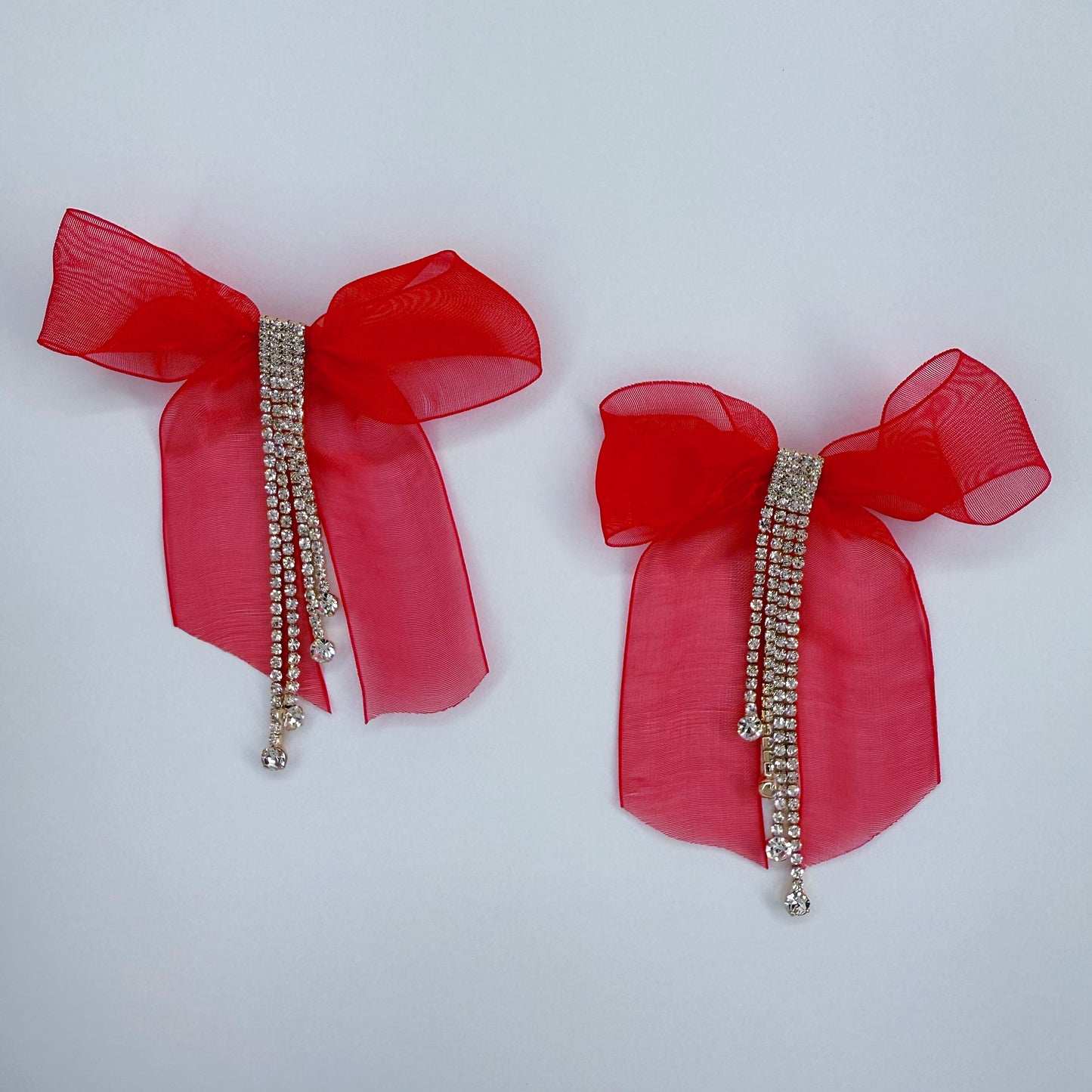 Ribbon Fabric Bow Tie Post Back Earring With Rhinestone Tassel