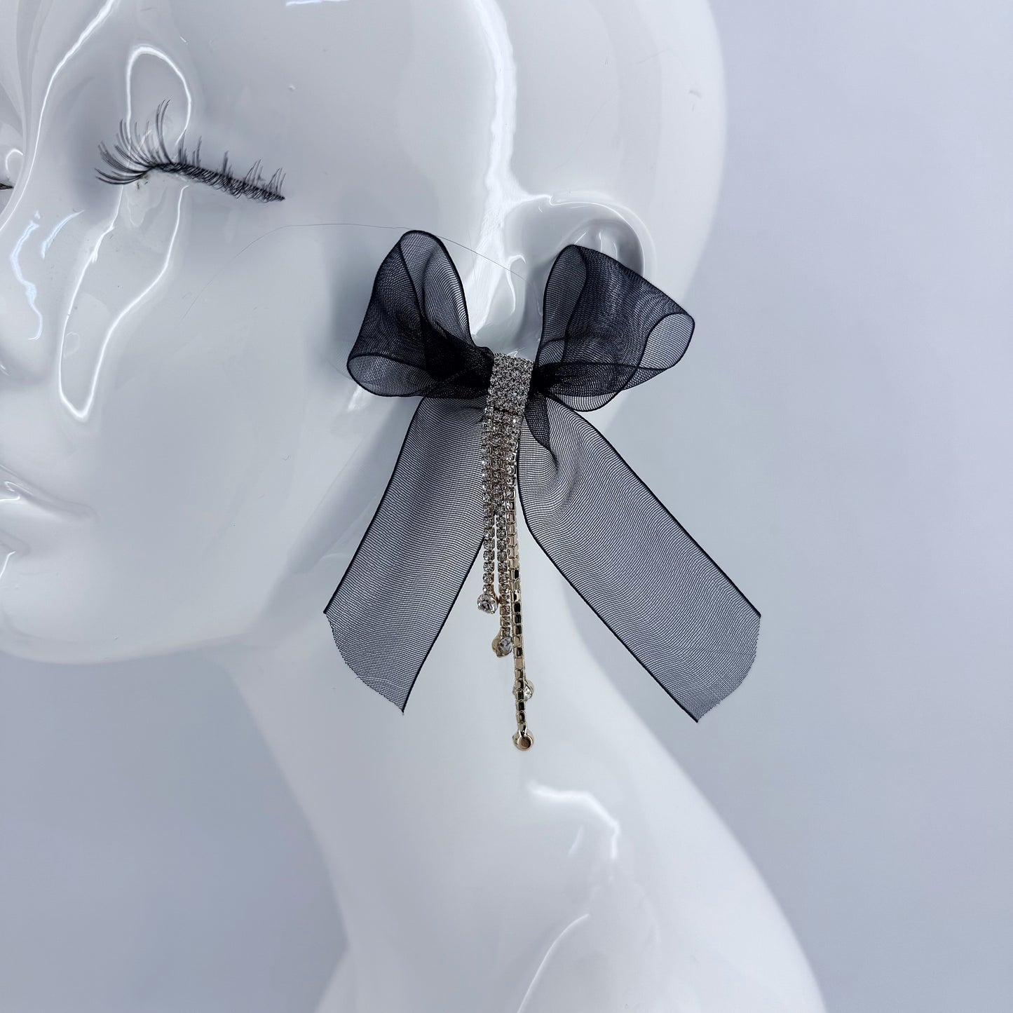 Ribbon Fabric Bow Tie Post Back Earring With Rhinestone Tassel