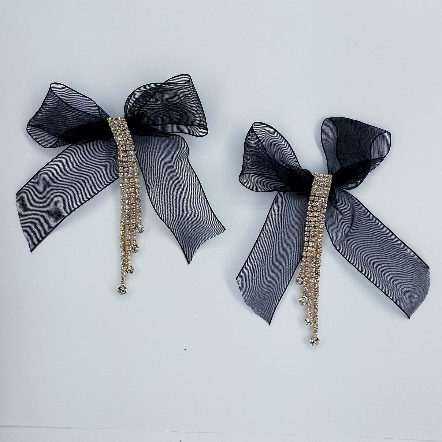 Ribbon Fabric Bow Tie Post Back Earring With Rhinestone Tassel