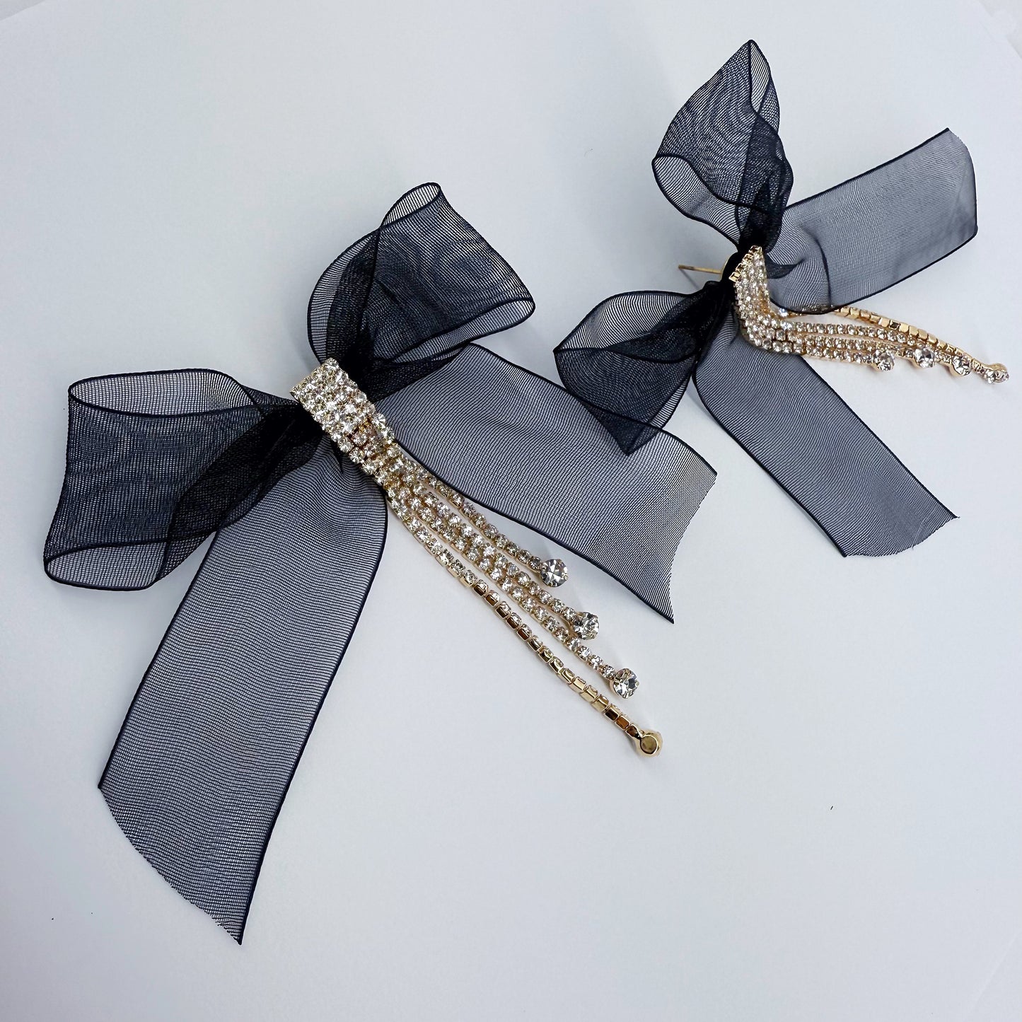 Ribbon Fabric Bow Tie Post Back Earring With Rhinestone Tassel