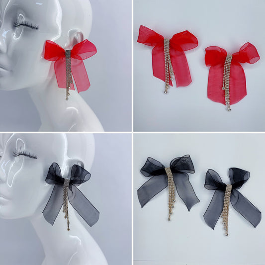 Ribbon Fabric Bow Tie Post Back Earring With Rhinestone Tassel