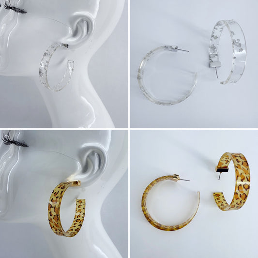 Acrylic Hoops Small Earrings With Leopard Print Or Clear Design