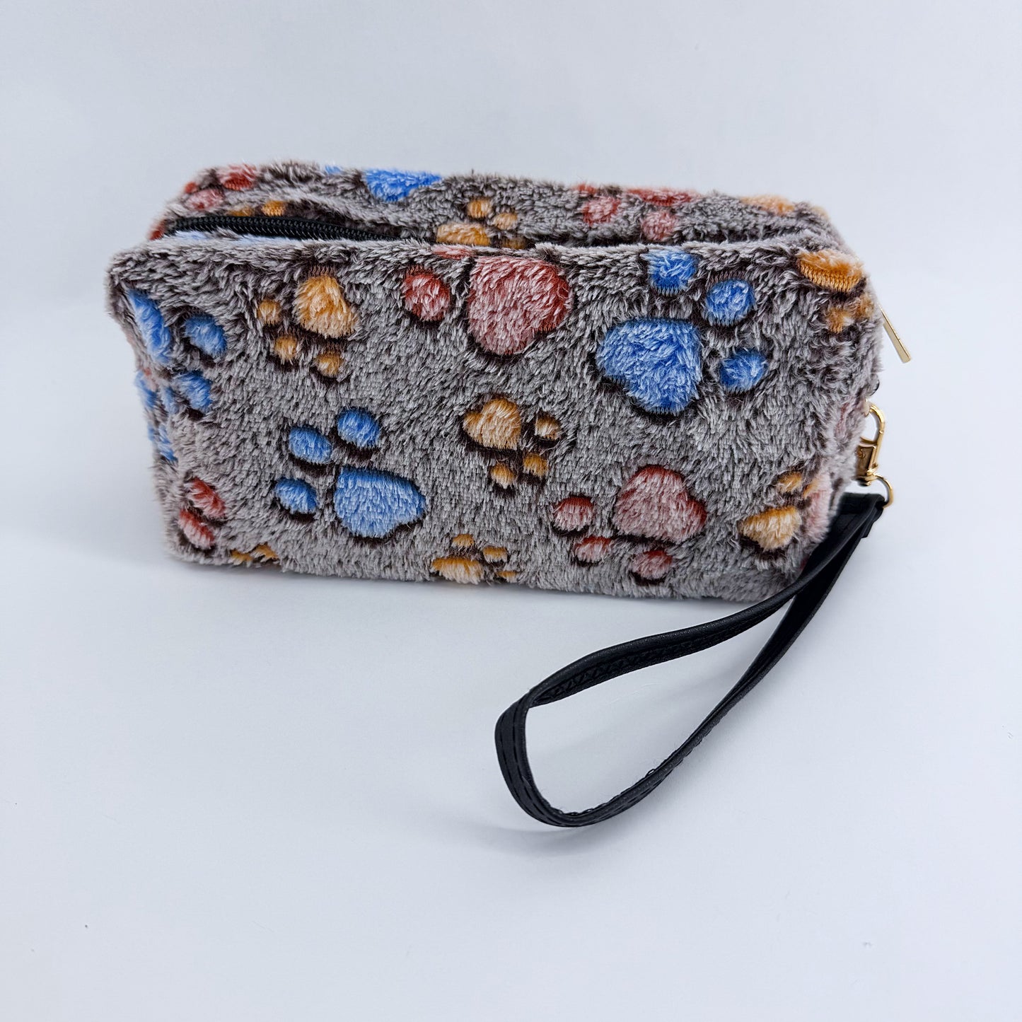 Faux Fur Zipper Cosmetic Pouch Paw Print Wristlet