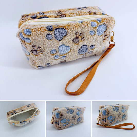 Faux Fur Zipper Cosmetic Pouch Paw Print Wristlet