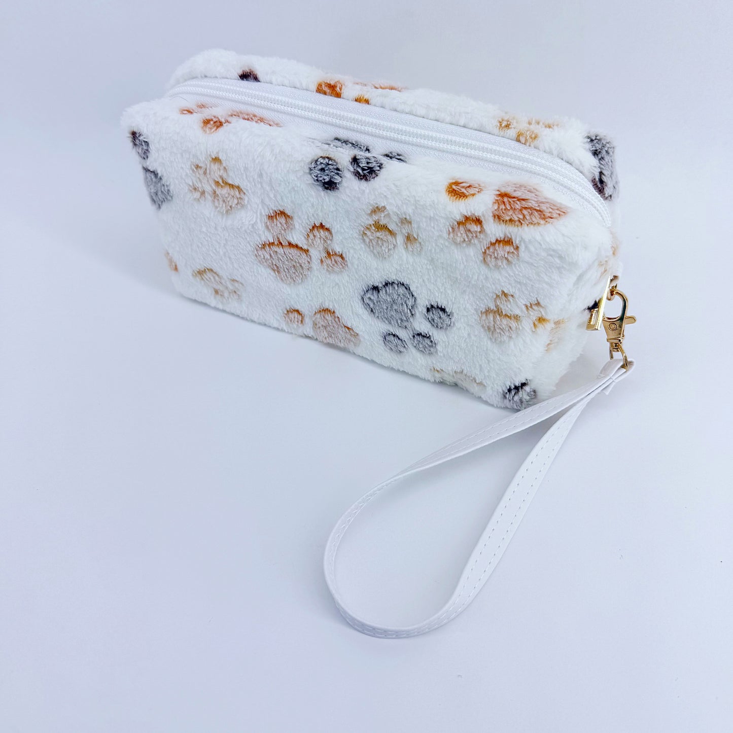 Faux Fur Zipper Cosmetic Pouch Paw Print Wristlet