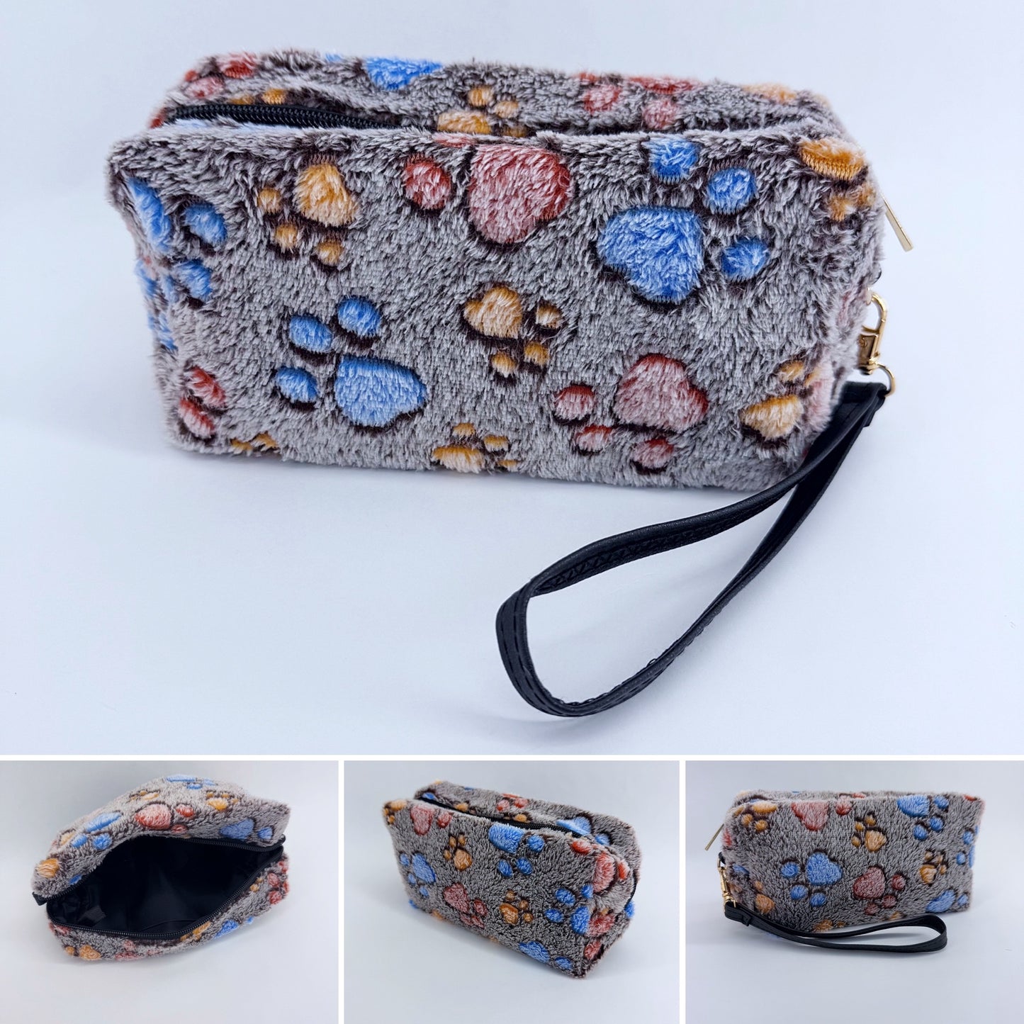 Faux Fur Zipper Cosmetic Pouch Paw Print Wristlet