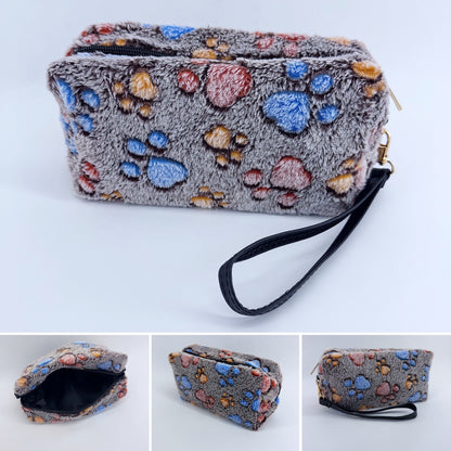 Faux Fur Zipper Cosmetic Pouch Paw Print Wristlet