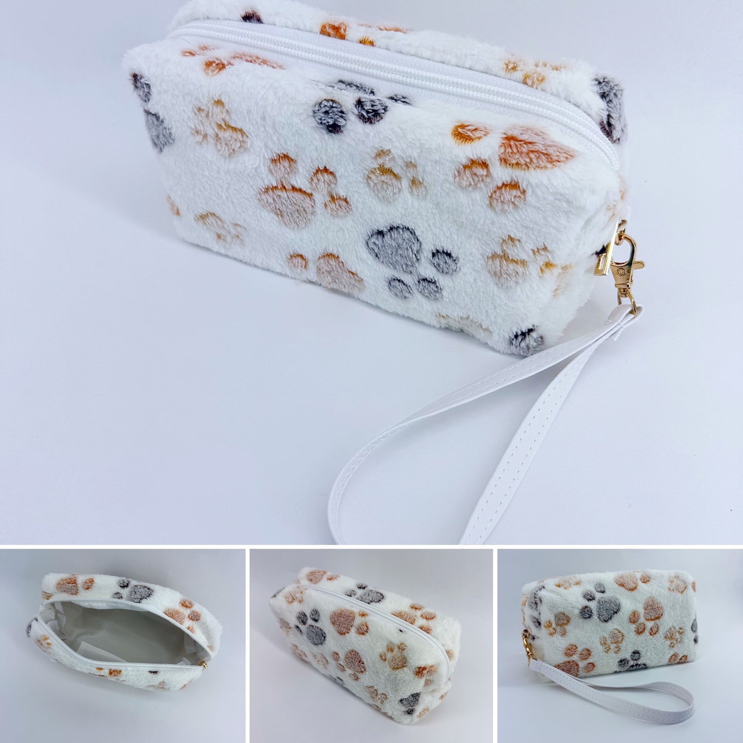 Faux Fur Zipper Cosmetic Pouch Paw Print Wristlet