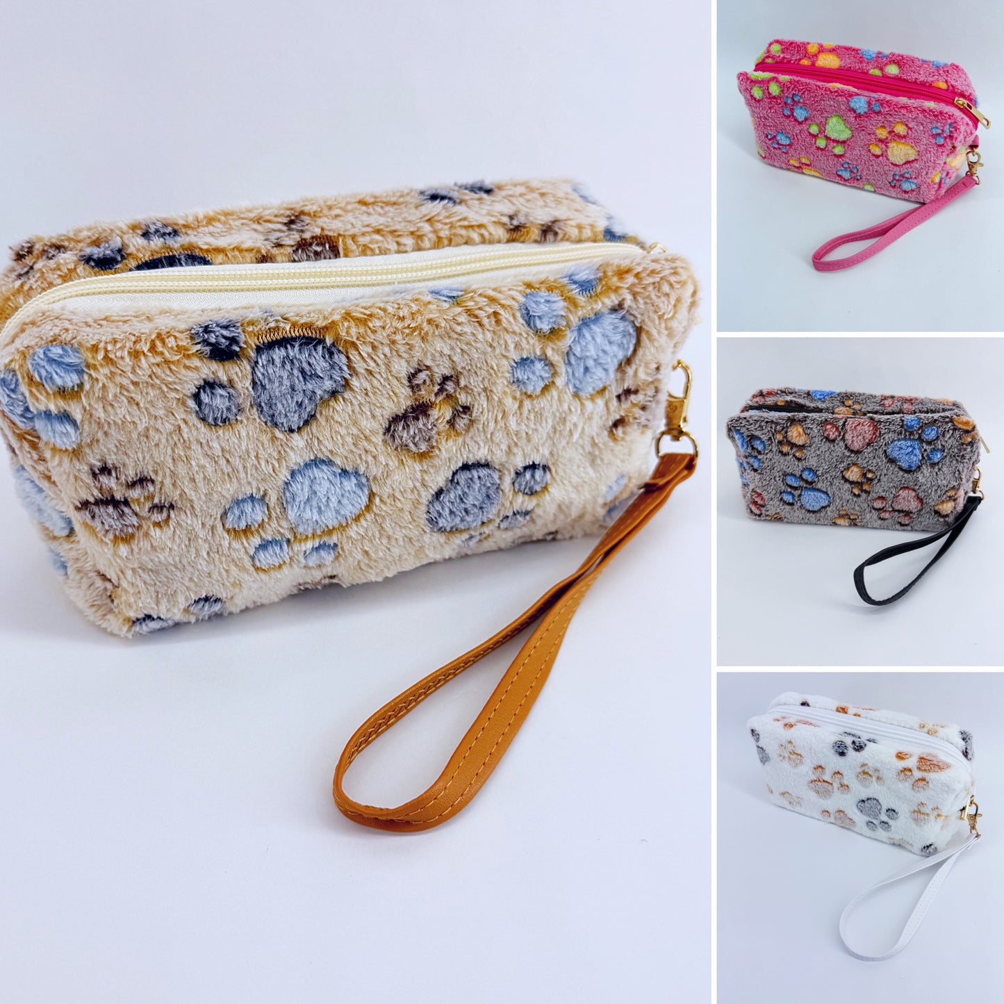 Faux Fur Zipper Cosmetic Pouch Paw Print Wristlet