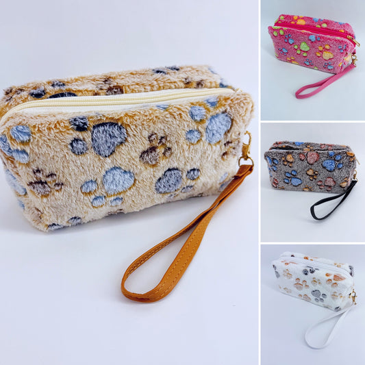 Faux Fur Zipper Cosmetic Pouch Paw Print Wristlet