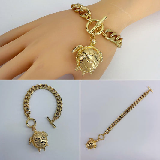 Gold Finish Cuban Link Chain Bracelet Turtle Charm