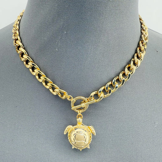 Gold Finish Cuban Link Chain with Turtle Pendant