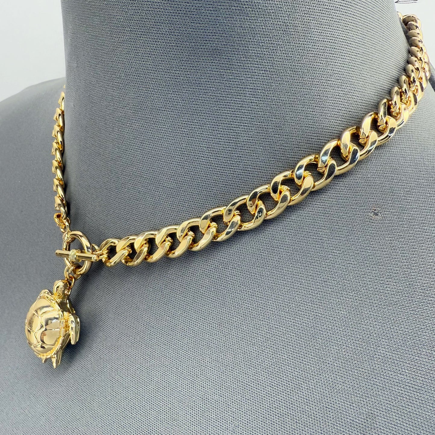 Gold Finish Cuban Link Chain with Turtle Pendant
