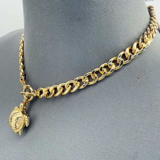 Gold Finish Cuban Link Chain with Turtle Pendant