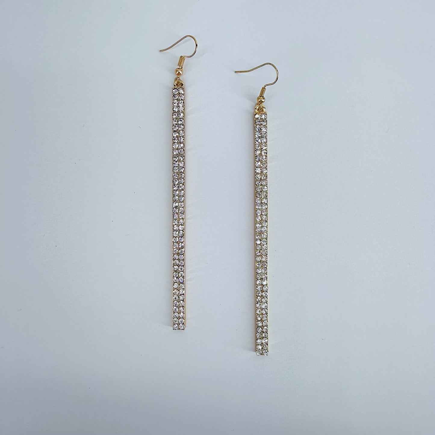 Gold Finish Long Bar Earrings with Clear Rhinestones