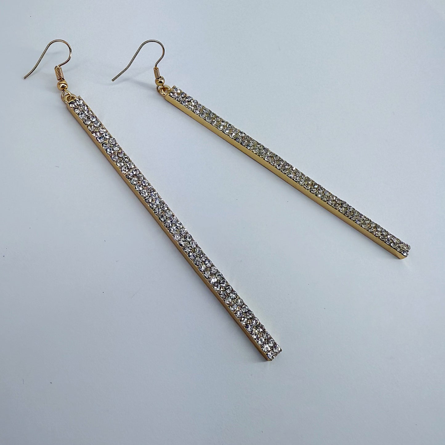 Gold Finish Long Bar Earrings with Clear Rhinestones