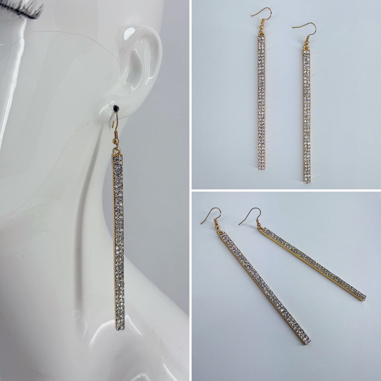 Gold Finish Long Bar Earrings with Clear Rhinestones