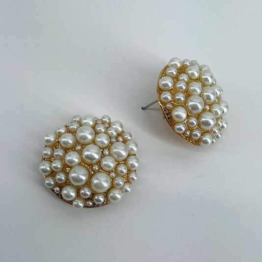 Gold Finish Post Back Round Pearls Cluster Earrings
