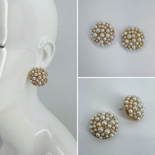 Gold Finish Post Back Round Pearls Cluster Earrings