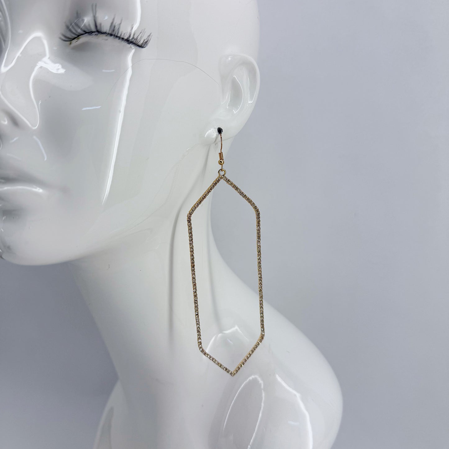 Fish Hook Earrings With Extra Long Hexagon Shape Rhinestone Design