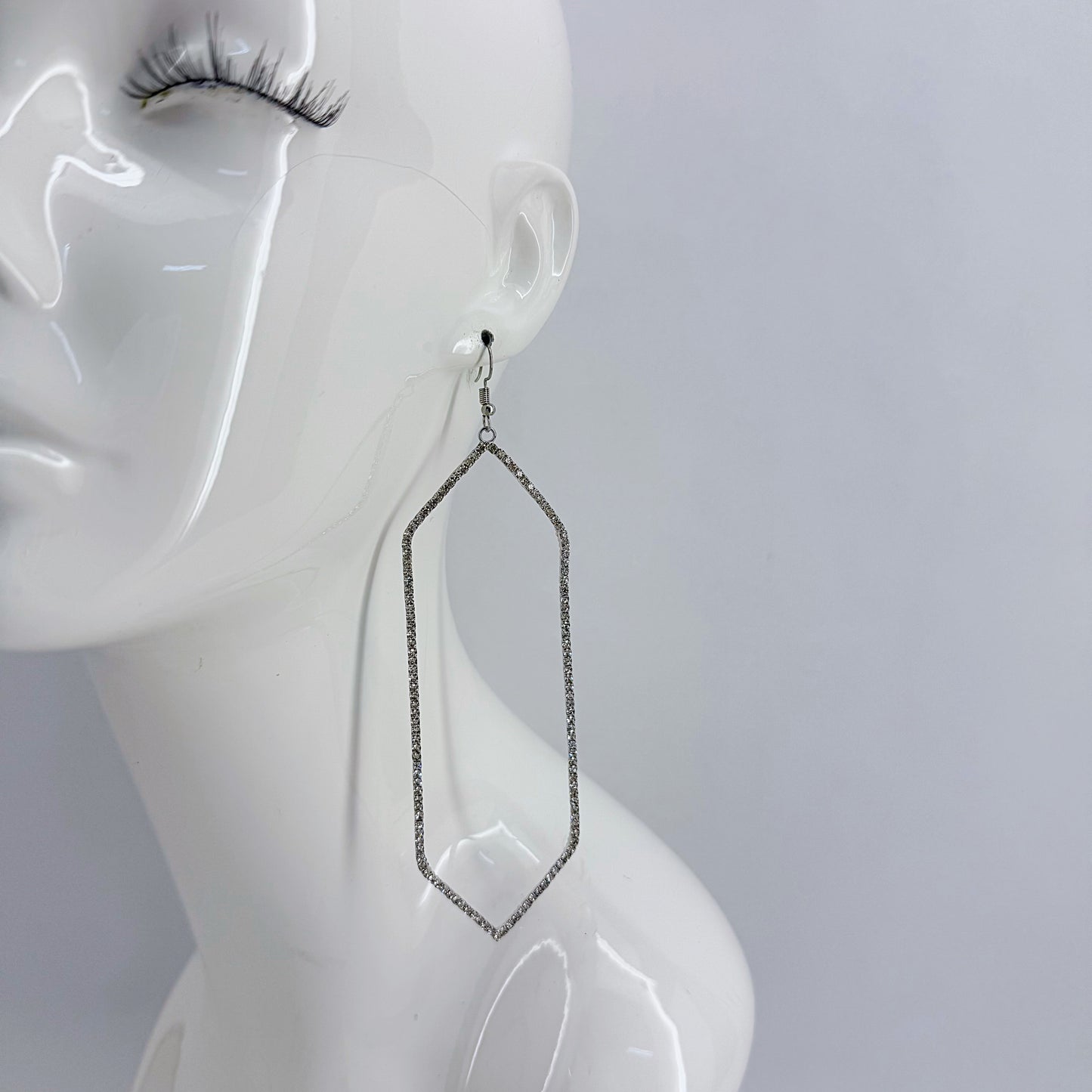 Fish Hook Earrings With Extra Long Hexagon Shape Rhinestone Design