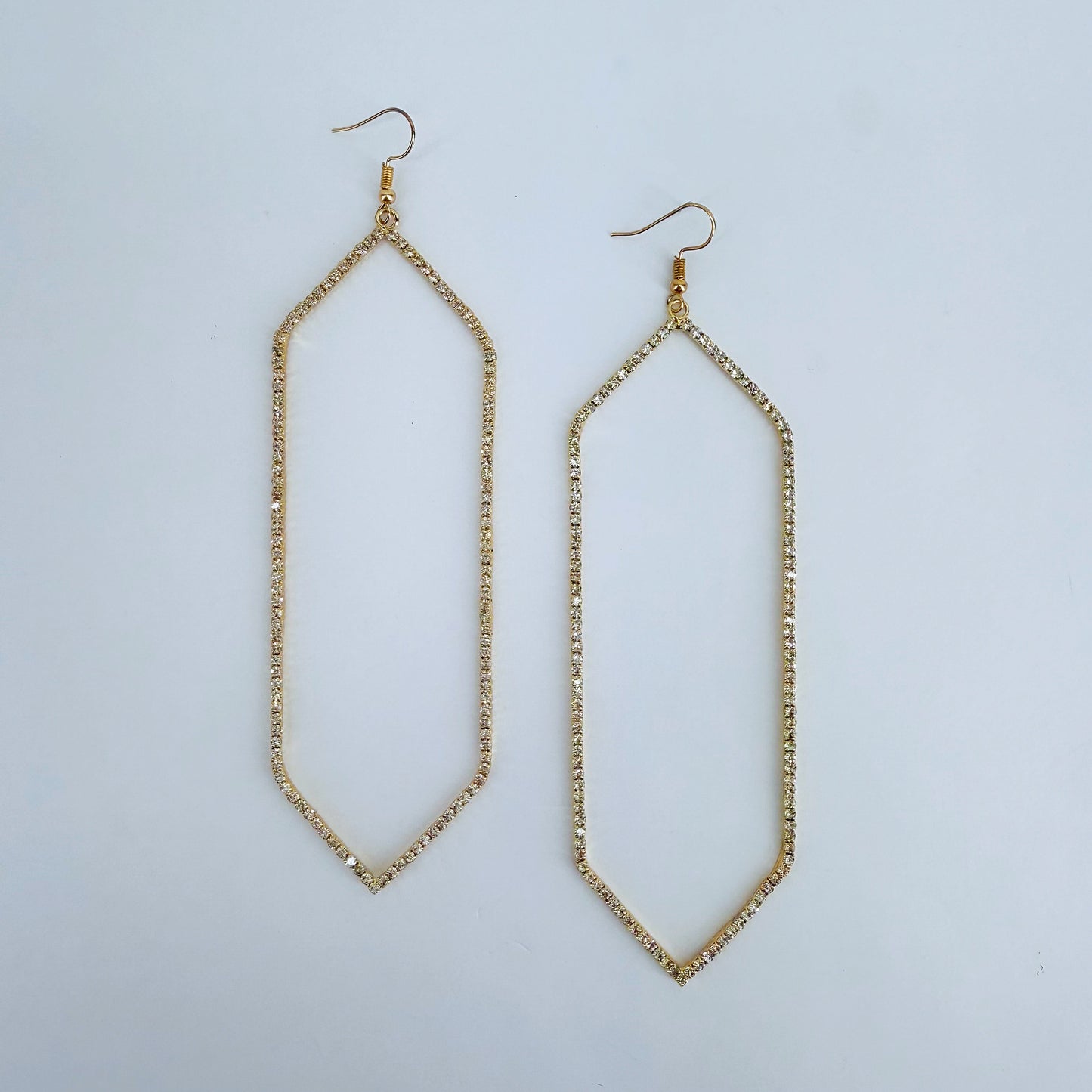 Fish Hook Earrings With Extra Long Hexagon Shape Rhinestone Design