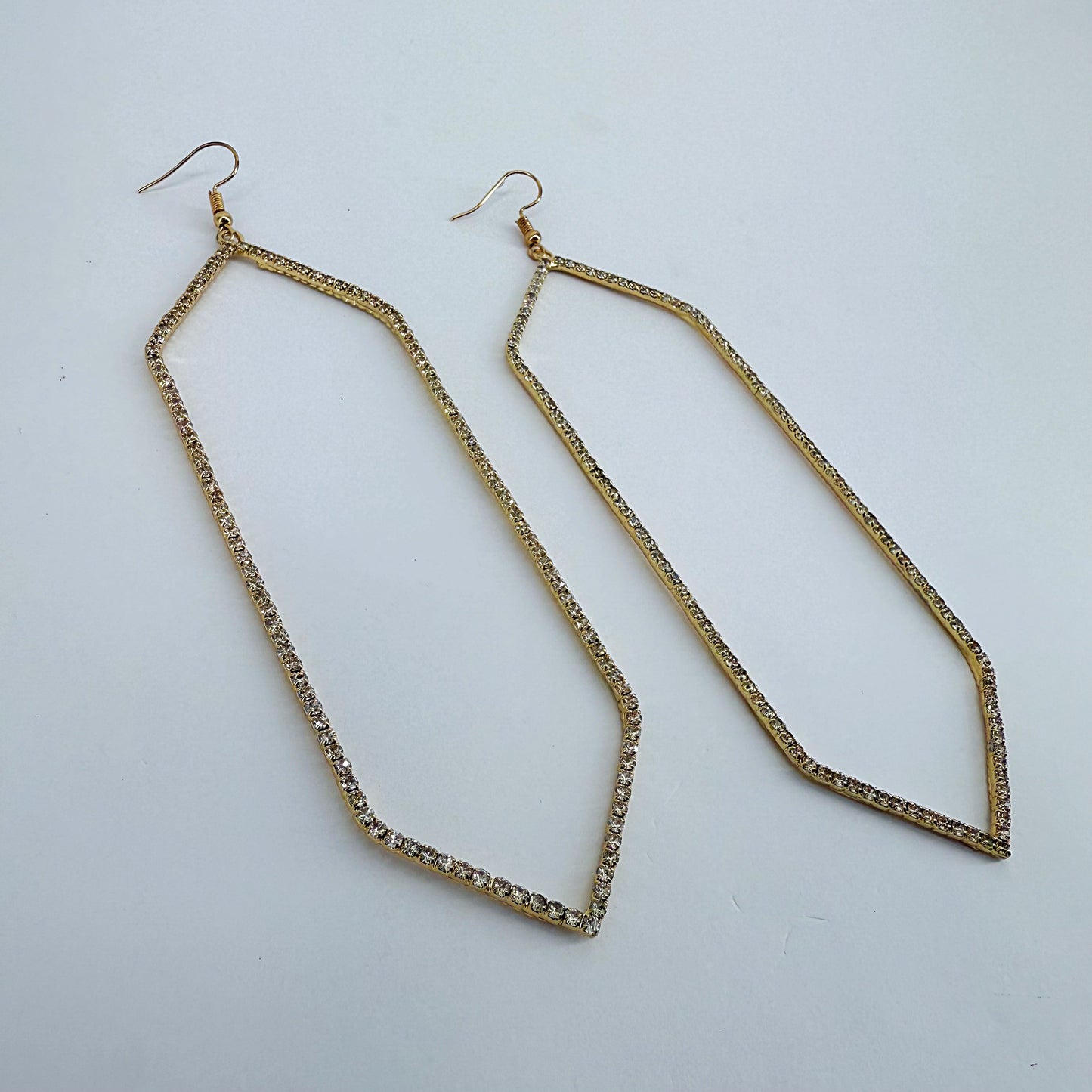 Fish Hook Earrings With Extra Long Hexagon Shape Rhinestone Design