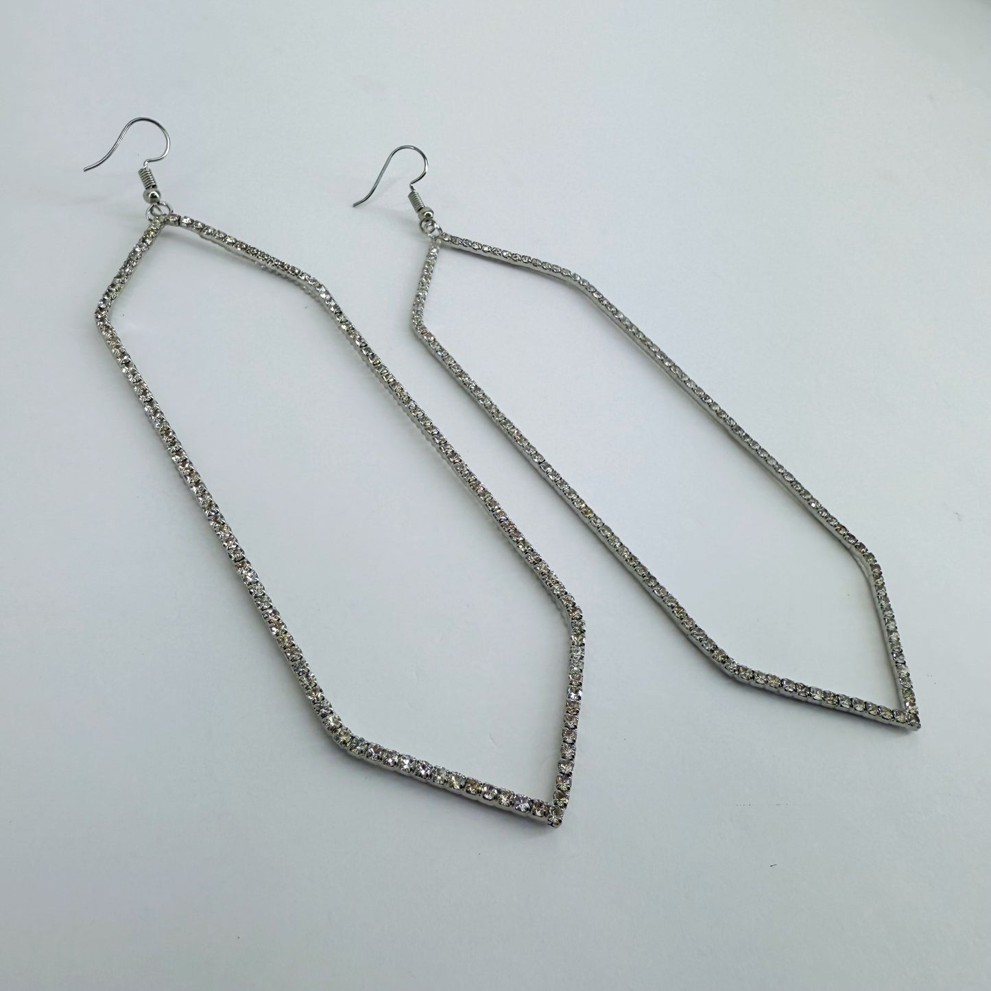 Fish Hook Earrings With Extra Long Hexagon Shape Rhinestone Design