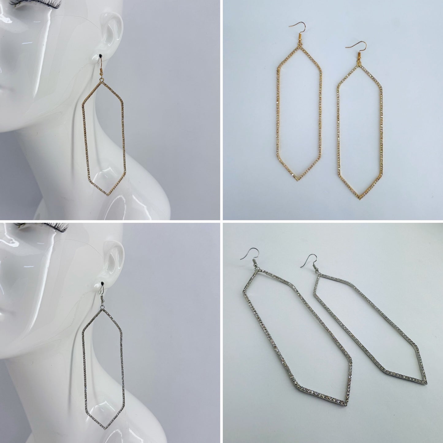 Fish Hook Earrings With Extra Long Hexagon Shape Rhinestone Design