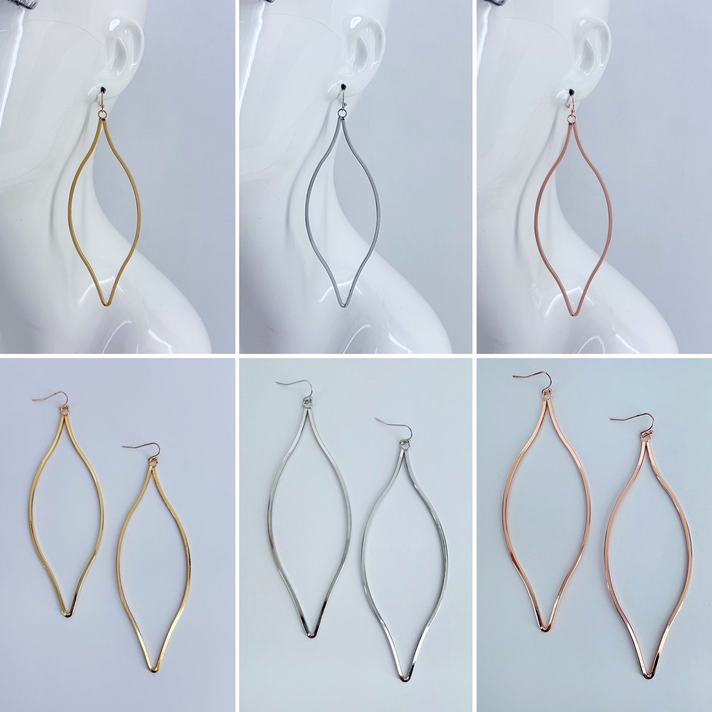 Gold, Silver or Rose Gold Pointed Oval Long Fish Hook Earrings