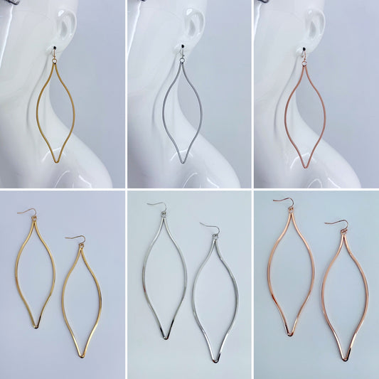 Gold, Silver or Rose Gold Pointed Oval Long Fish Hook Earrings