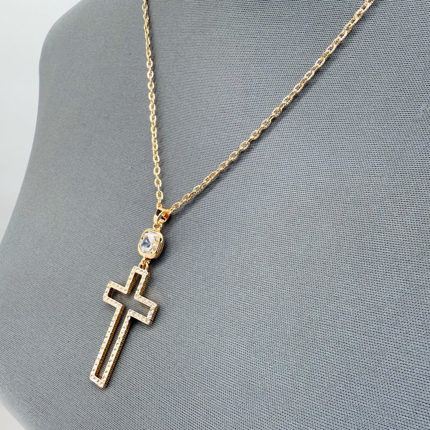 Gold or Silver Finish Necklace With Cut Out Cross Pendant And Clear Rhinestones