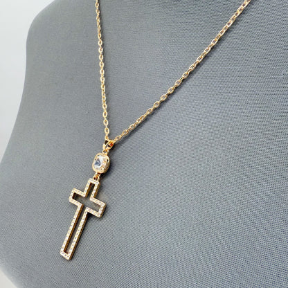 Gold or Silver Finish Necklace With Cut Out Cross Pendant And Clear Rhinestones