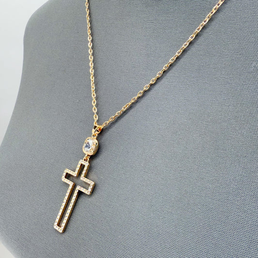 Gold or Silver Finish Necklace With Cut Out Cross Pendant And Clear Rhinestones
