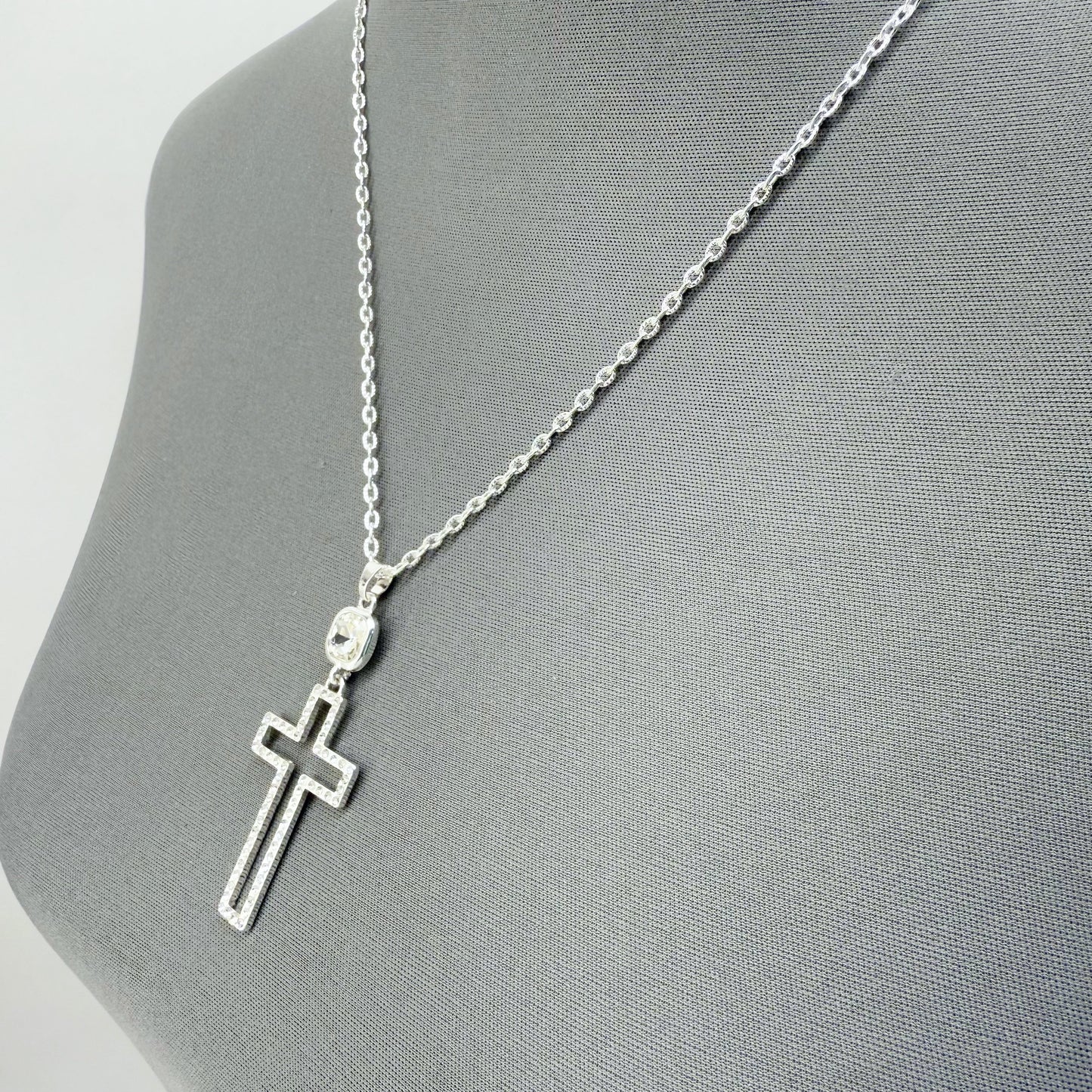 Gold or Silver Finish Necklace With Cut Out Cross Pendant And Clear Rhinestones