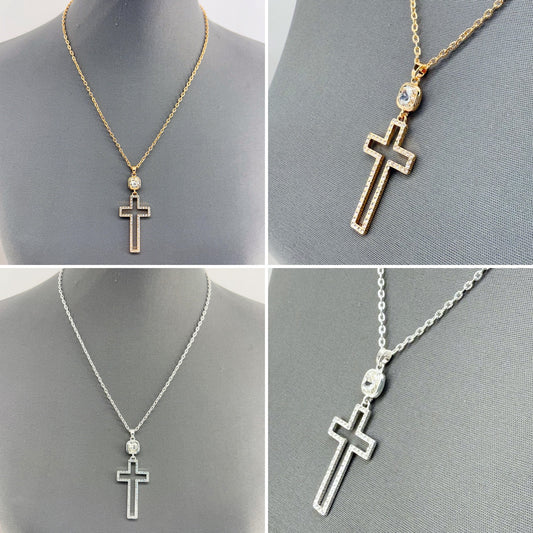 Gold or Silver Finish Necklace With Cut Out Cross Pendant And Clear Rhinestones